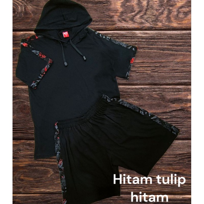 set celana pendek kaos Hoodie taping tulip