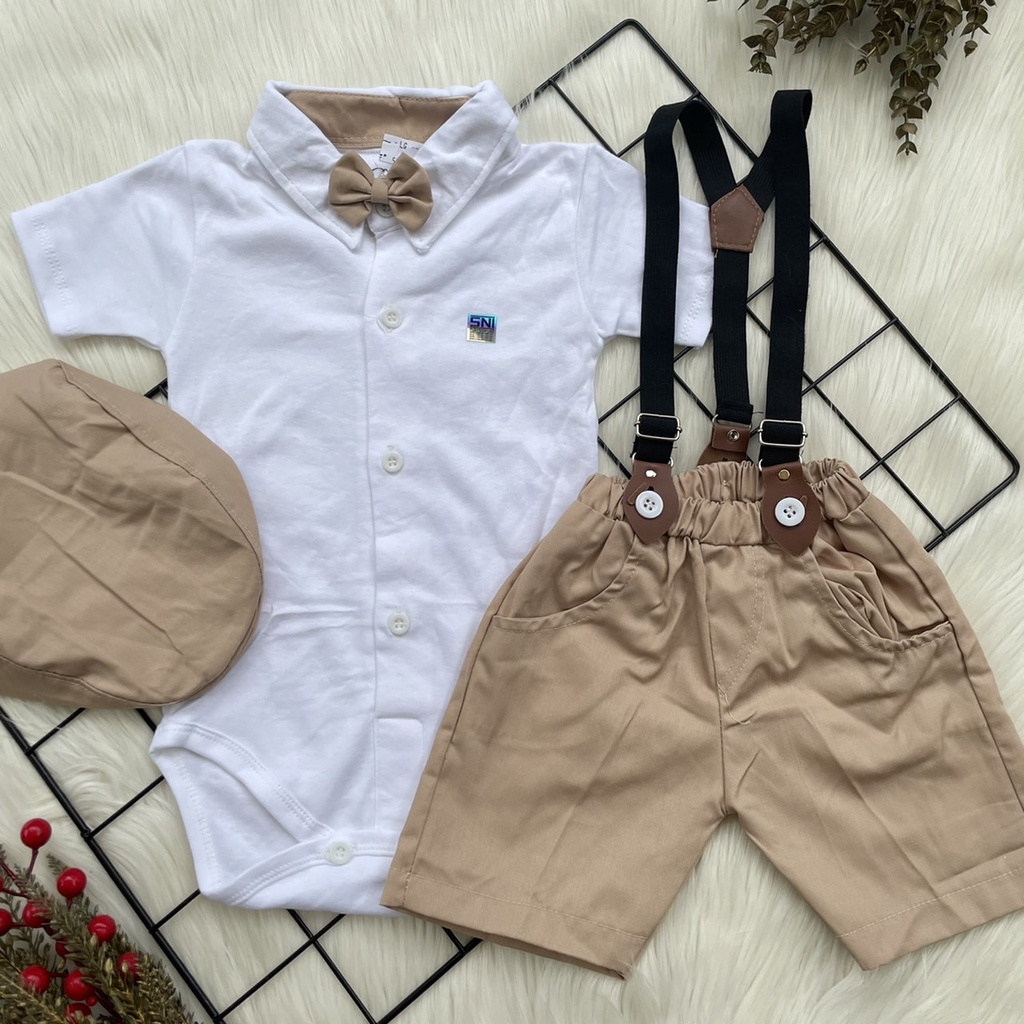 Baju Setelan Bayi Jumper kotak Suspender Setelan anak cowok fashion bertopi buat bayi 3-8 bulan