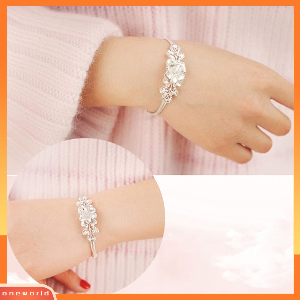 {oneworld} Fashion Bunga Adjustable Cuff Bangle Woman Perak Disepuh Gelang Tangan Perhiasan