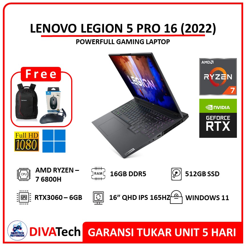 Lenovo Legion 5 Pro 16 2022 RTX3060 Ryzen 7 6800H 16GB 512GB QHD IPS 165Hz