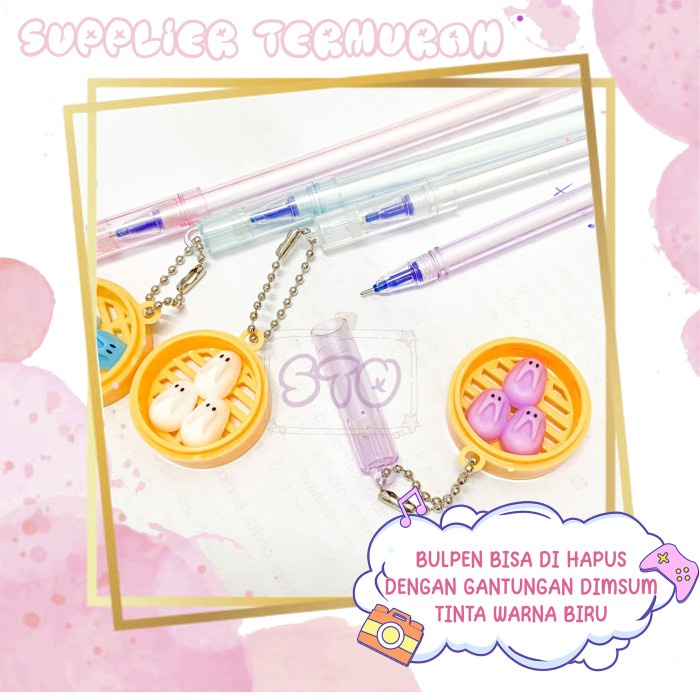 

(ISI 12 PCS) Erasable Pen GANTUNGAN DIMSUN& Pulpen Bisa Dihapus Rabbit Kelinci Gel Tinta Biru & Penghapus Warna Pastel Lucu
