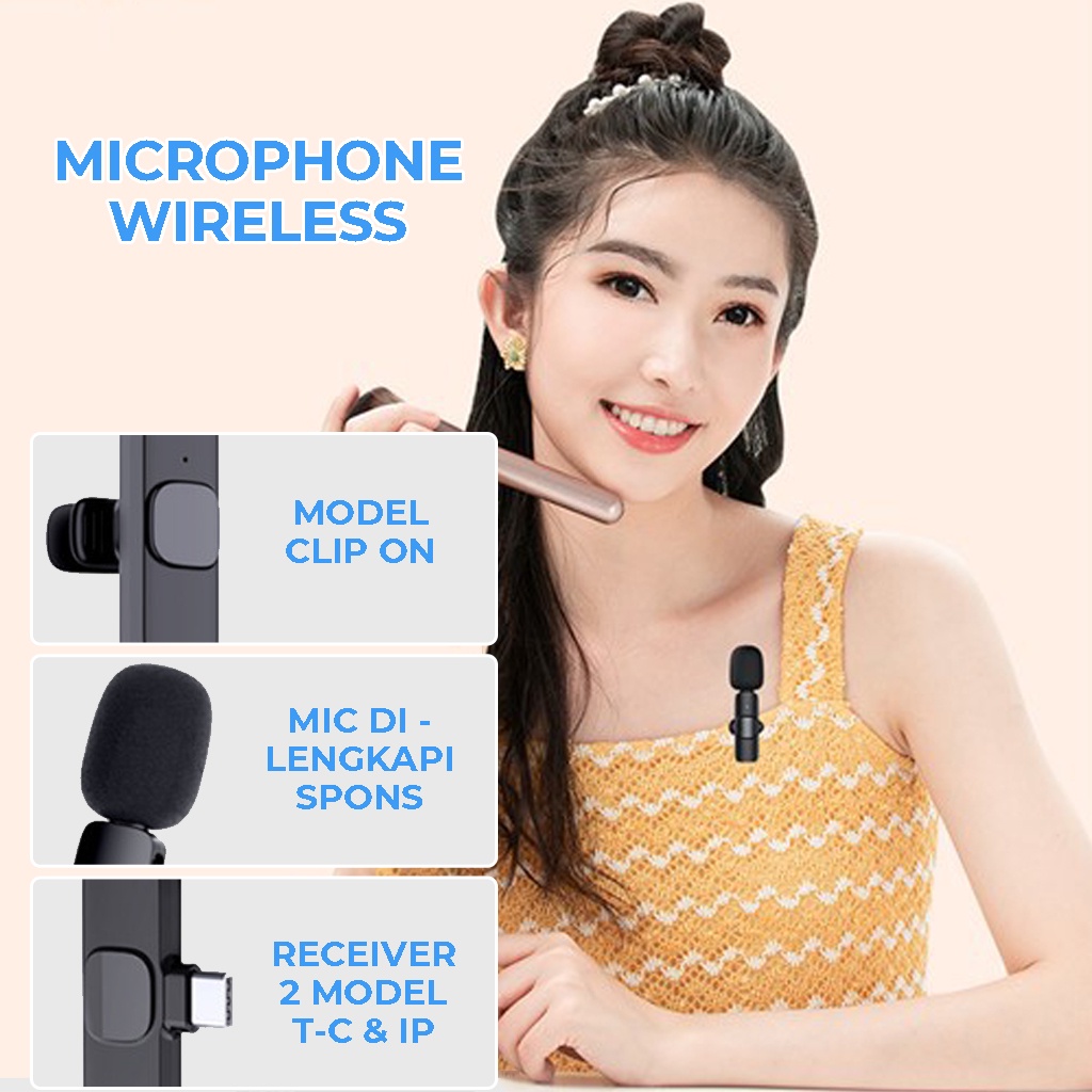 Mic Clip On Wireless Hp Mini Portable Mikrofon Nirkabel Alat Perekam Audio Microfon Vlogger For Type C Lightning  | GROSIRXPRESS