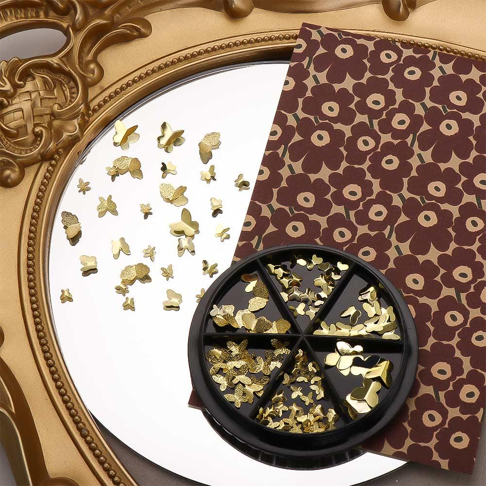 AUGUSTINA Agustina Butterfly Nail Art Dekorasi Jepang Frosted Warna Emas Logam Kupu-Kupu Hiasan Kuku Ukuran Campur Perhiasan Kuku 3D