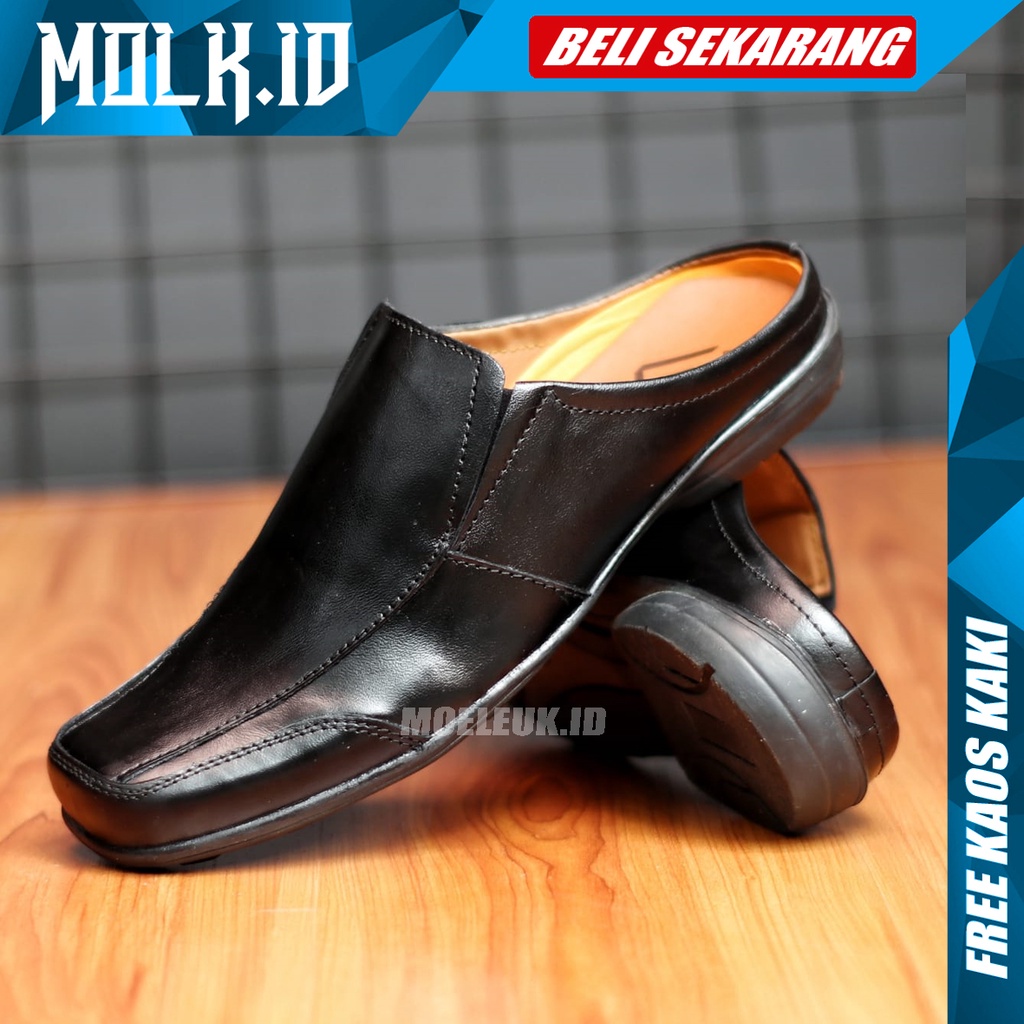 MOLK Sandal Pria Dewasa Kulit Asli Original Sendal Slop Cowok Casual Selop Hitam Simple Murah Tutong Bustong