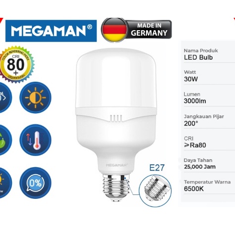 LAMPU LED / BOHLAM MEGAMAN T-BULB YTT100Z1 30W / 30 WATT GARANSI RESMI - 6500K PUTIH