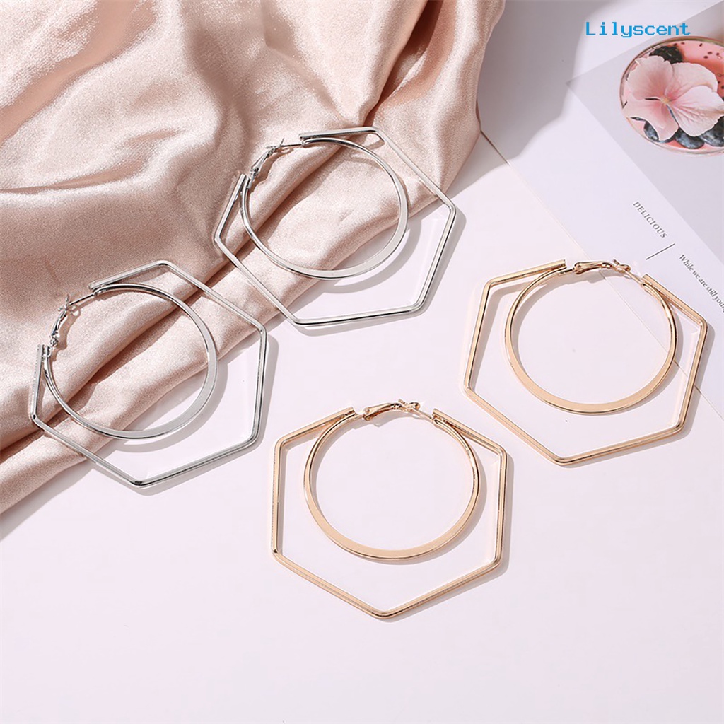 [LS] 1pasang Unik Wanita Berlebihan Geometri Putaran Besar Hexagon Drop Earring Perhiasan Aksesori Untuk Belanja