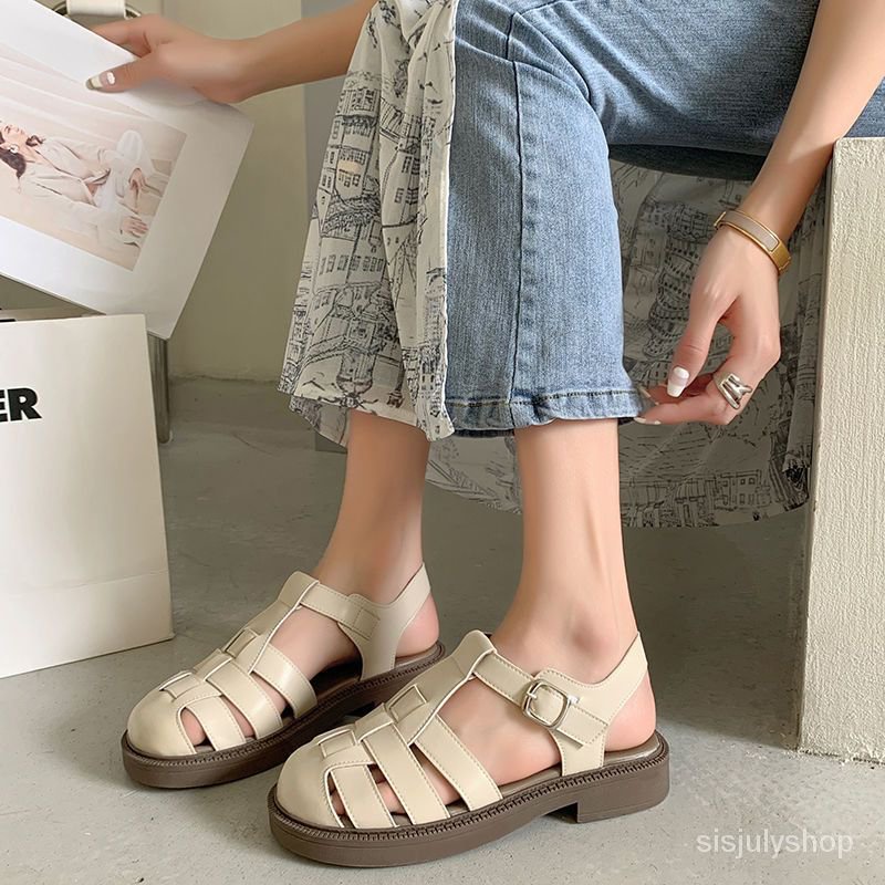 #Sisjuly# Sandal kepala tas wanita sandal baru sepatu piggyback sepatu datar wanita anyaman sepatu r