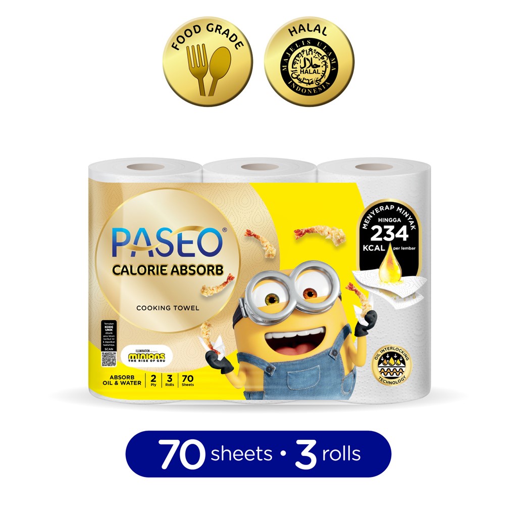 Paseo Minion Series Calorie Absorbs Cooking Towel Roll White Emboss 70 Sheets x 3 Rolls