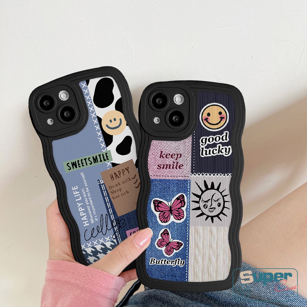 Casing Hp Redmi 10C 9T 9 9A 9C 10 10A A1+Redmi Note10 10S 10 Pro Max 11 10 8 9 11S 11Pro POCO X3 NFC Pro M3 Mi 11T Wavy Edge Cowboy Splicing Smiley Butterfly Label Soft Sarung