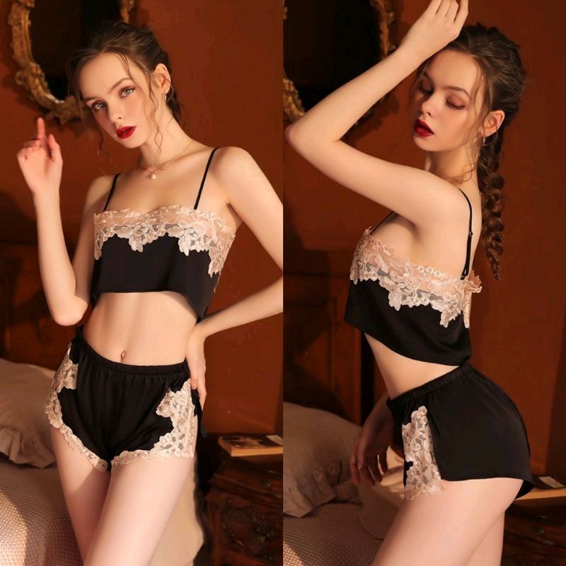 PREMIUM Sleepwear Baju Tidur Wanita Satin Sexy Lingerie Seksi Tank Top Camisol + Short