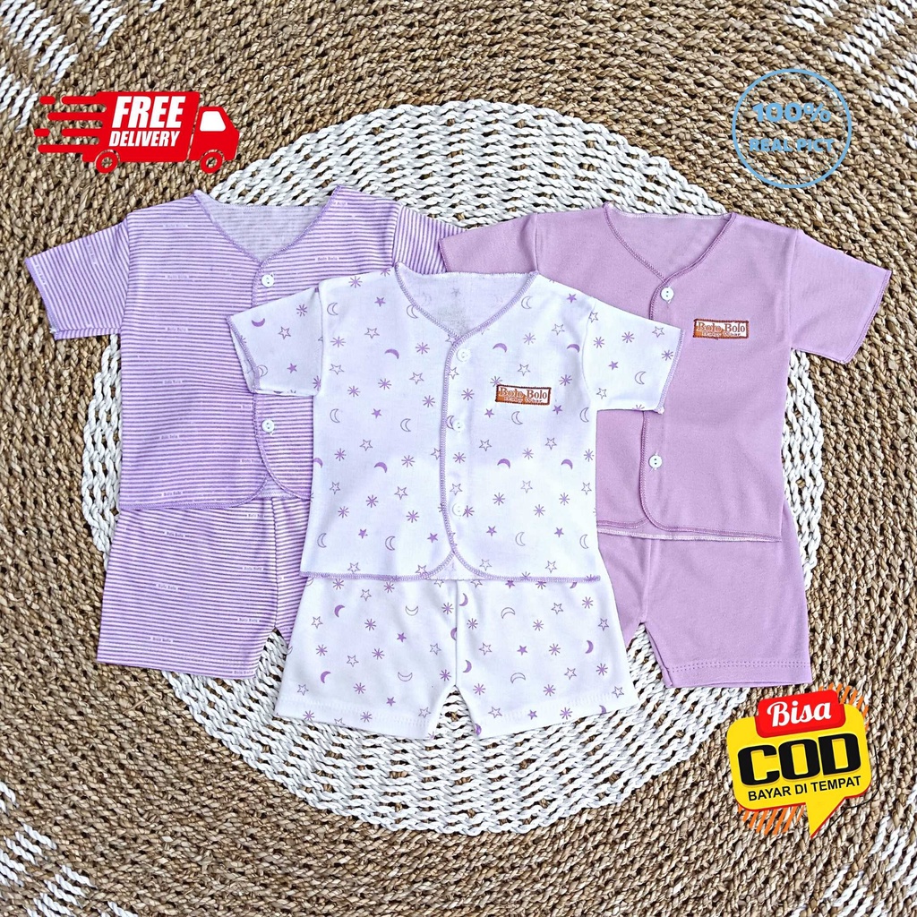 SALE 7.7 Serian Lilac - 3 Stel Setelan Baju Bayi Tangan Pendek Celana Pendek Bayi 0 sd 3 Bulan LILAC SERIES merk SNI Bolo - Bolo