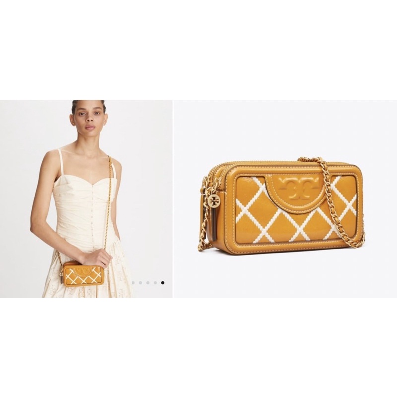 Tory Burch Fleming Pop Quilt Double Zip Mini Bag Dark Cannoli AUTHENTIC