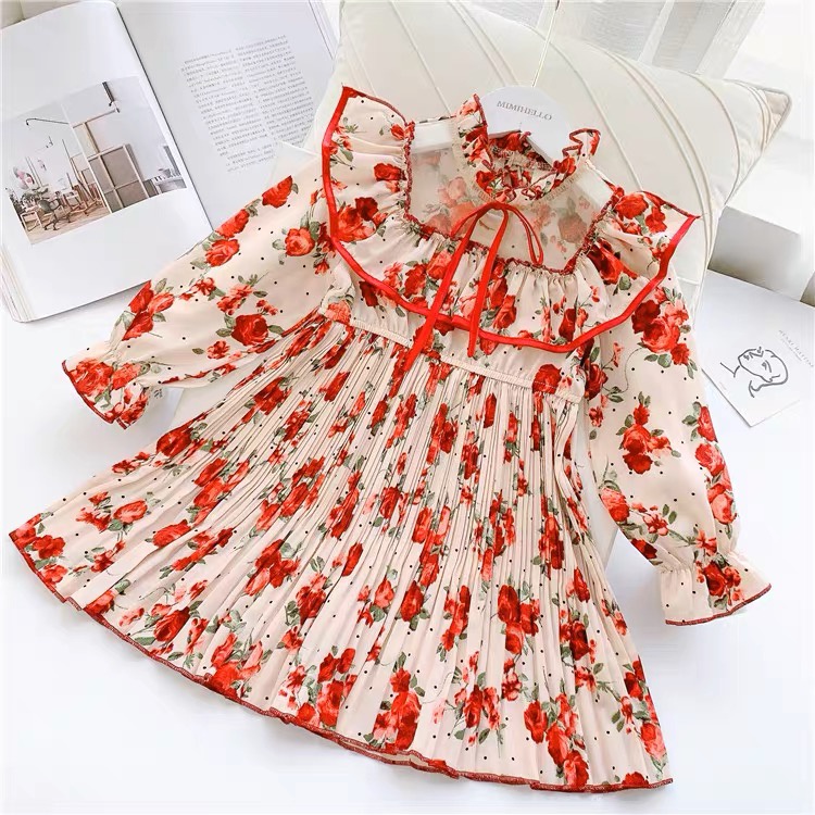 Dress Anak Perempuan Import Plisket Motif Bunga Merah