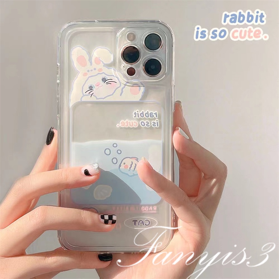 Compatible For IPhone 14 13 12 11 Pro Max X XR Xs Max 8 7 Plus SE 2020 Kompatibel Untuk Cute Rabbit Cat Fish Card Holder Phone Case Bening TPU Lembut Sarung Pelindung