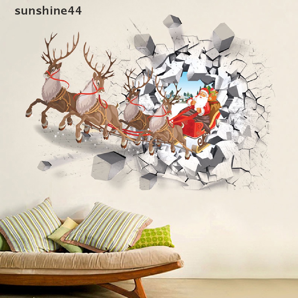 Sunshine Natal Stiker Dinding Decal 3D Simulasi Palsu Jendela Santa Claus Rusa Wall Sticker Window Rumah Vinyl Mural New Year Stickers.