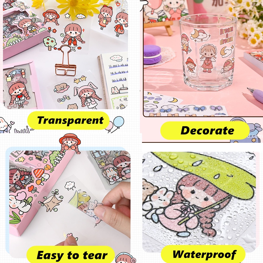 50 pcs Stiker Kawaii Set Stiker Bahan PET Stiker Akun Tangan DIY Stiker Dekorasi Hadiah Gadis