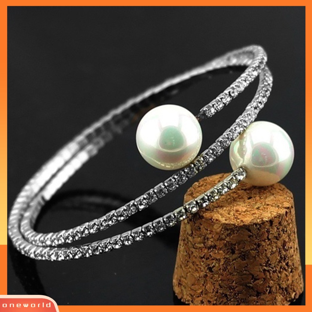 {oneworld} Wanita Penuh Berlian Imitasi Multi-layer Gelang Pergelangan Tangan Mutiara Imitasi Manset Terbuka Bangle