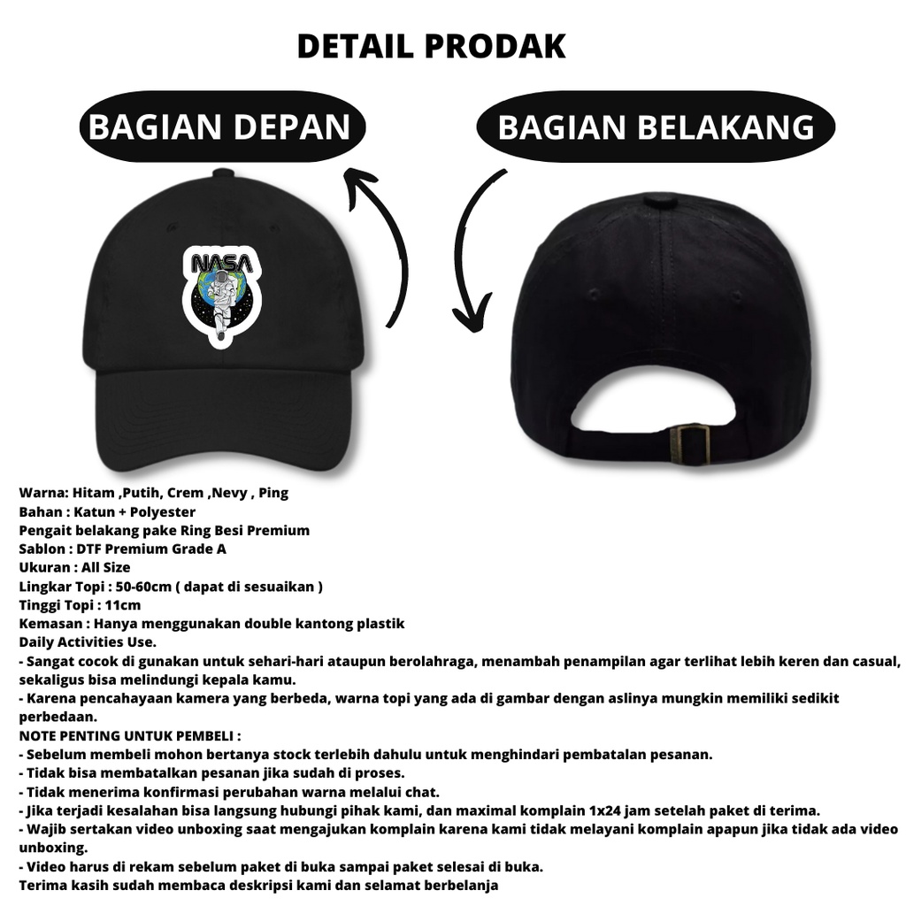 Topi Baseball Cap Pria Wanita Dewasa Distro Nasa Terbaru Tali Ring Besi