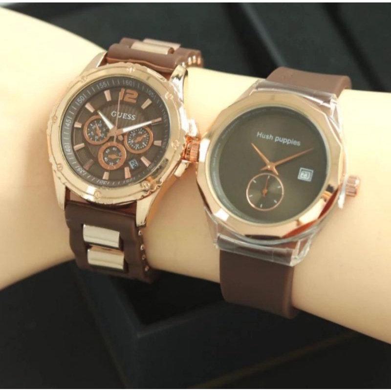 (Cod)Jam Tangan Wanita Gues Ring Rose+Hp Bulat Crono1 Tanggal Aktif Buy1 Get1 Strap Rubber/Karet(Dikirim Jakarta)