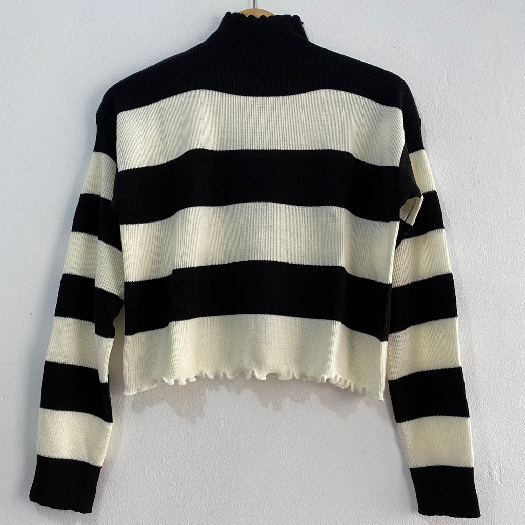 Hana Sweater Rajut Crinkle Crop Top Knit Ruffle Blouse Turtleneck Wanita Inner Striped Curly Premium Oversize Murah Halus Korean Style COD Free Ongkir