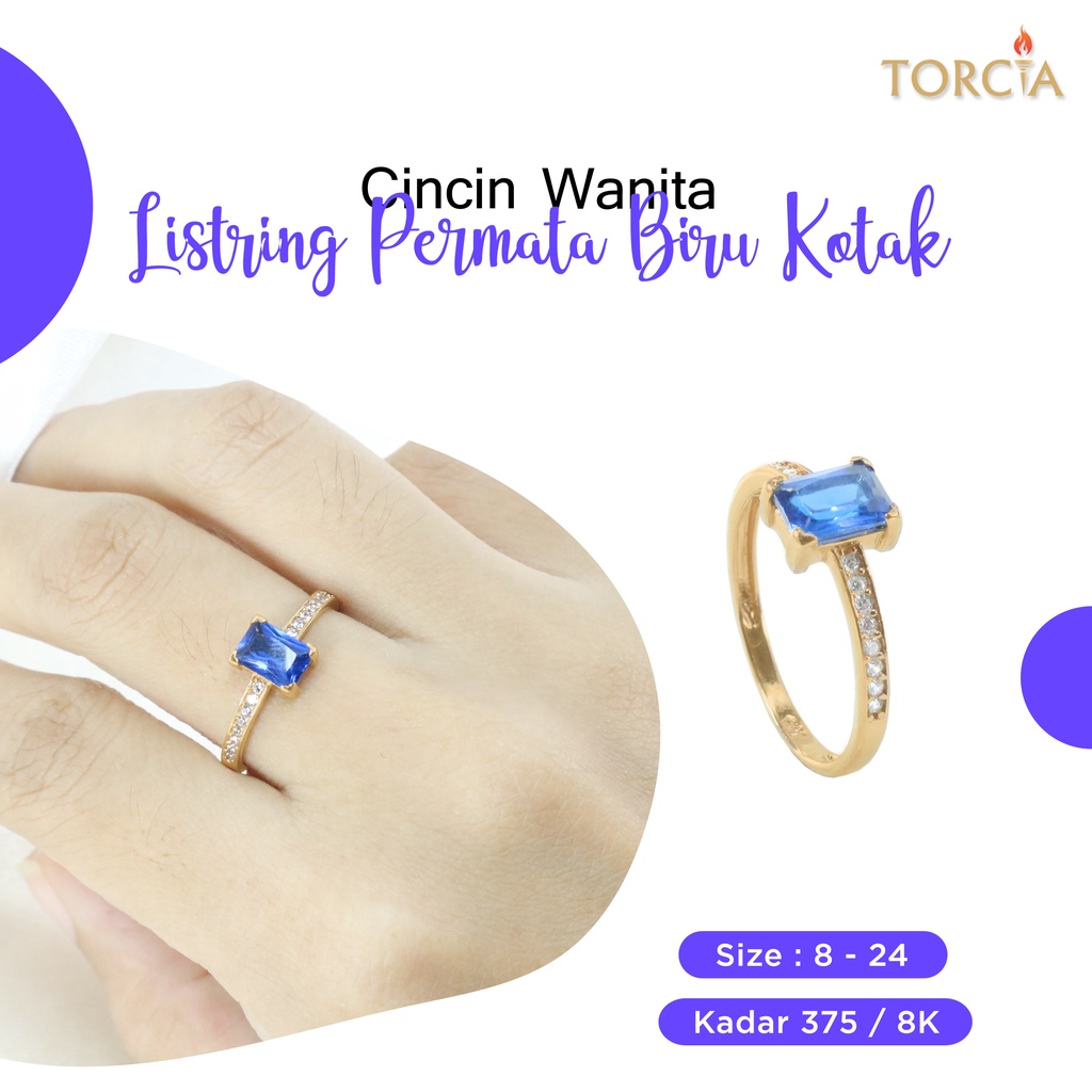 Cincin Wanita Emas Asli Listring Permata Biru Kotak Kadar 375 Torcia