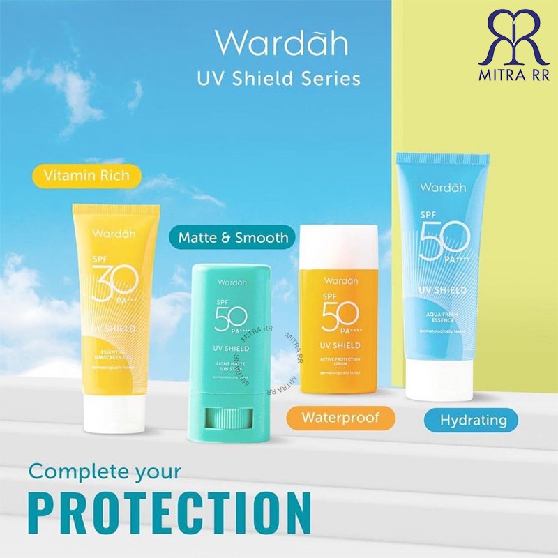 Wardah Sunscreen Series Essential Sunscreen Gel | UV Shield Aqua Fresh Essence | Active Protection Serum SPF 50 PA++++ Sunblock Wajah Waterproof