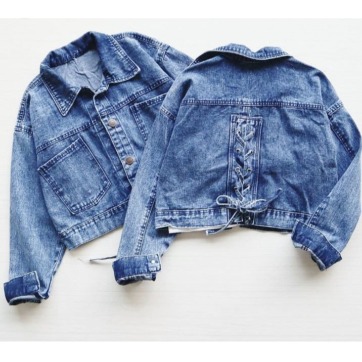 Jaket Jeans Wanita Crop Denim Tali Belakang Kekinian Terbaru