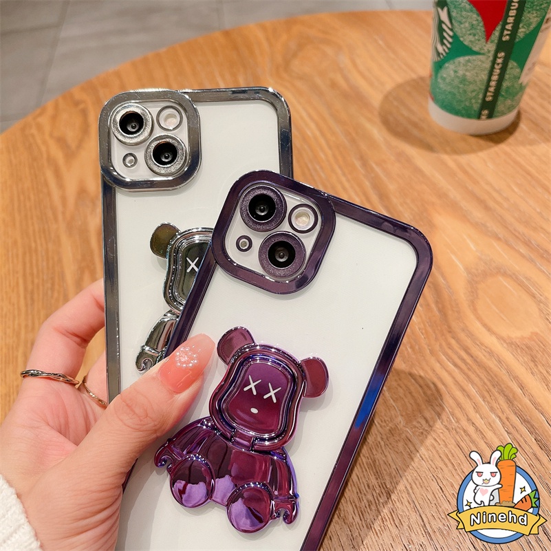 IPHONE Casing Kompatibel Untuk Iphone14 13 12 11 Pro Max Xr Xs Max Se8 7 Plus Plating Mewah Casing Ponsel Bingkai Lensa Logam Full Cover Bear Bracket Tahan Debu Soft Case Cover Pelindung