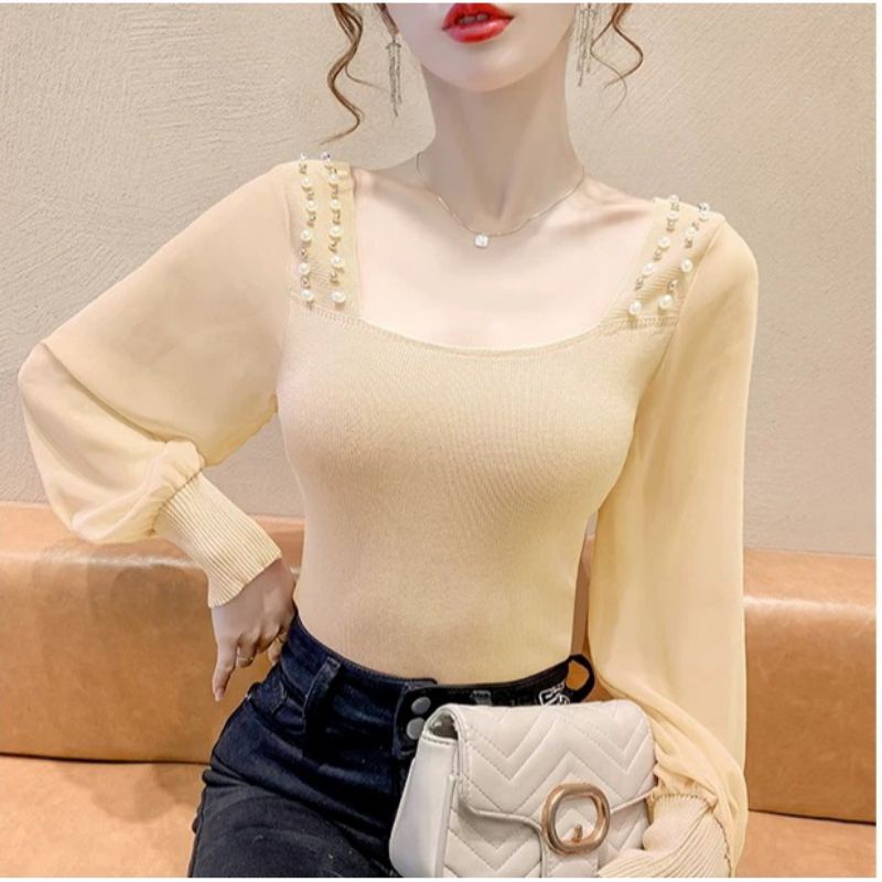 13508 Atasan baju blus blouse kemeja lengan panjang rajut knit knited ngaret melar leher kotak lenga