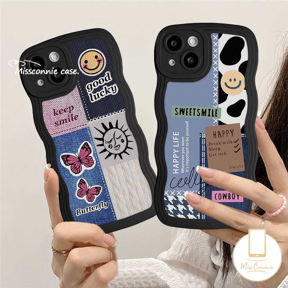 Casing Wavy Edge Soft Case Redmi 10C 12C 9T 10 9A 9C 9a1 10A A1+Note10 11 9 8 10s 9s 11s 10 Pro Max POCO M3 X3 NFC Pro Mi 11T Pro Butterfly Smiley Label Pattern Splicing Sarung