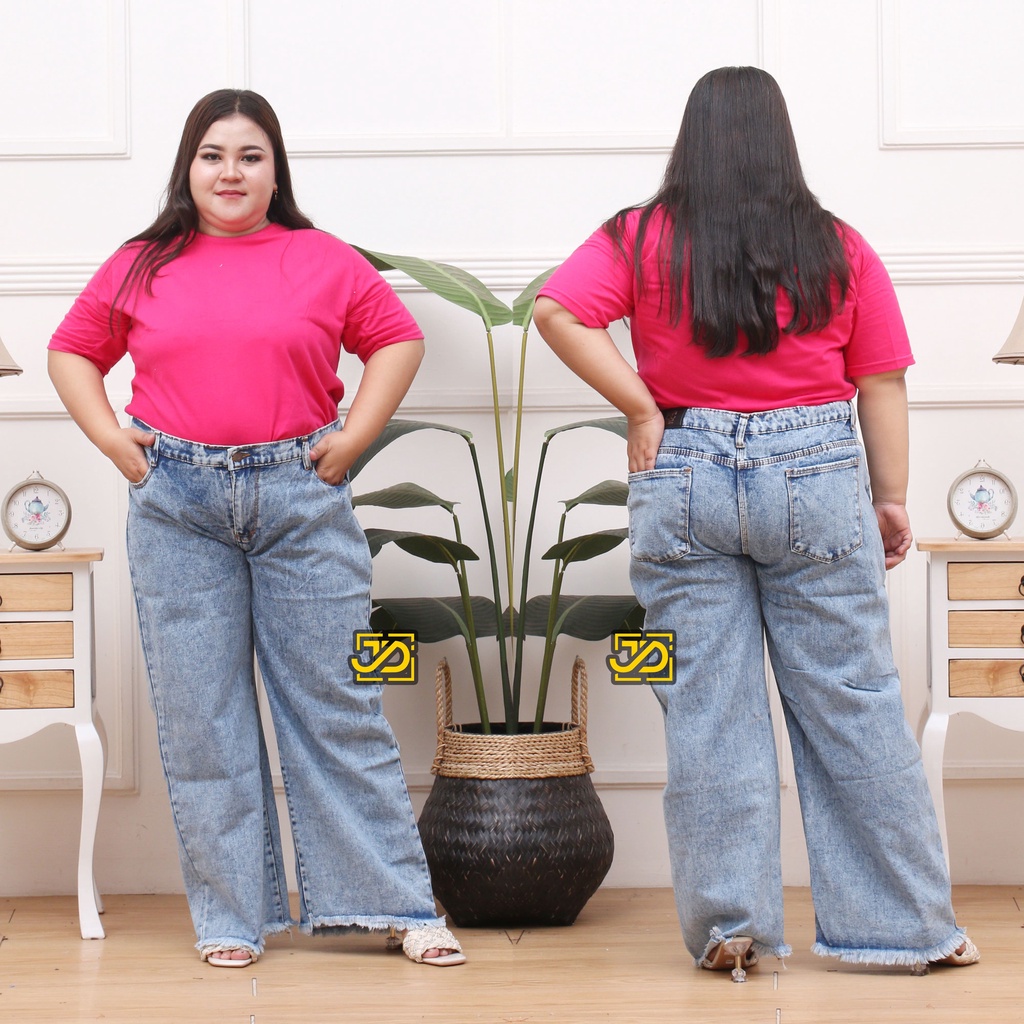 Jumbo Kulot High Waist Jeans Rawis Wanita Big Size 27-42 Free Belt