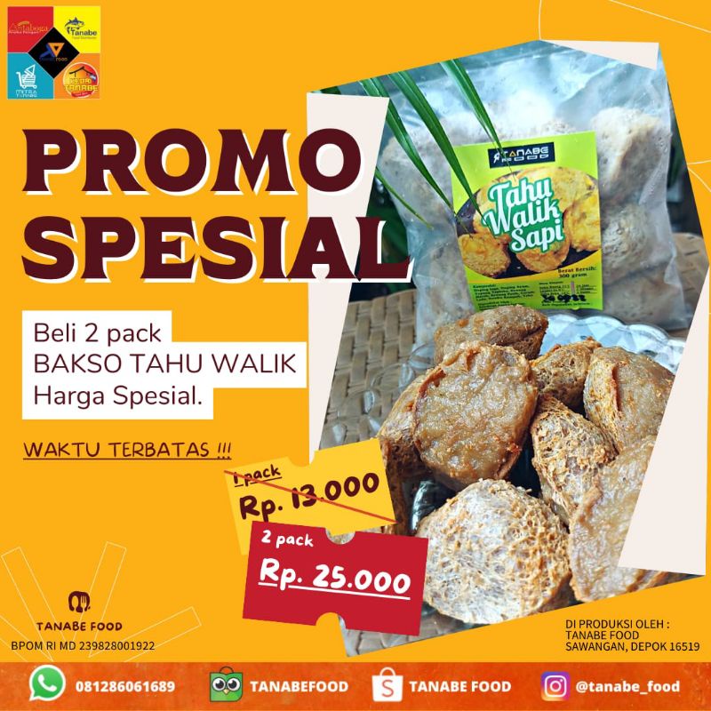 

Promo Tahu Walik Sapi Tanabe 300g, Tahu Bakso Sapi, Bakso Sapi, Daging Sapi, Sapi, Ayam, Tahu Walik Ayam, Tahu Bakso Ayam, Tahu Walik sudah MD BPOM, Tahu Walik sudah Halal MUI, Renyah, Nikmat, Lauk Pauk, Gurih, Cemilan Enak, Tahu Walik Best Seller,Bergizi