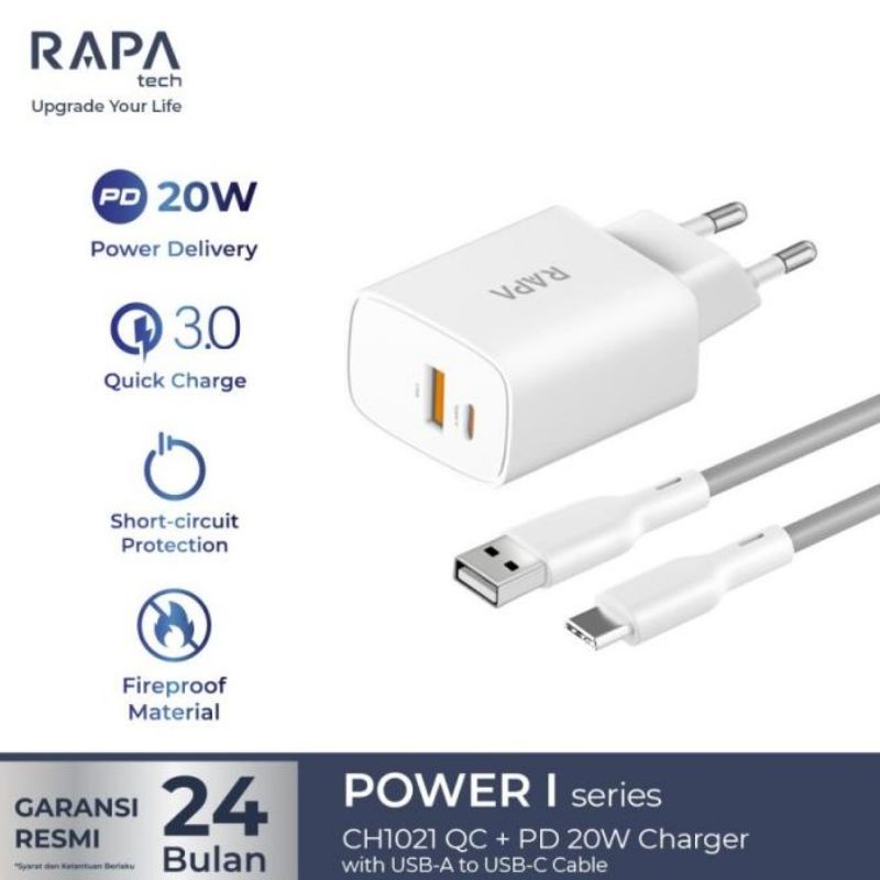 RAPAtech CH1021 QC3.0 + PD 20W Charger with Type-C Cable