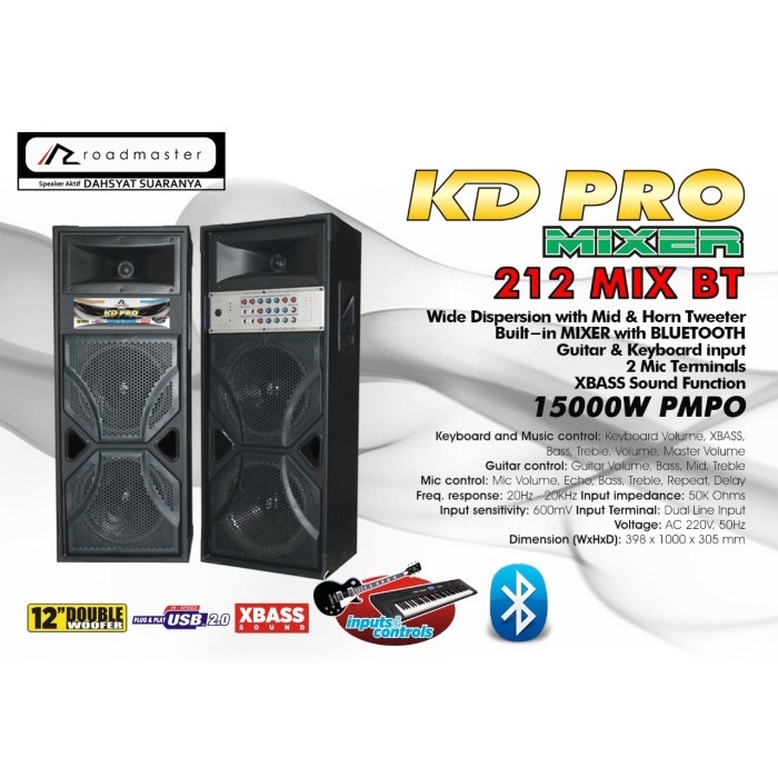 Roadmaster Speaker Aktif Double 12" + Mixer KD-PRO 212 MIX BT