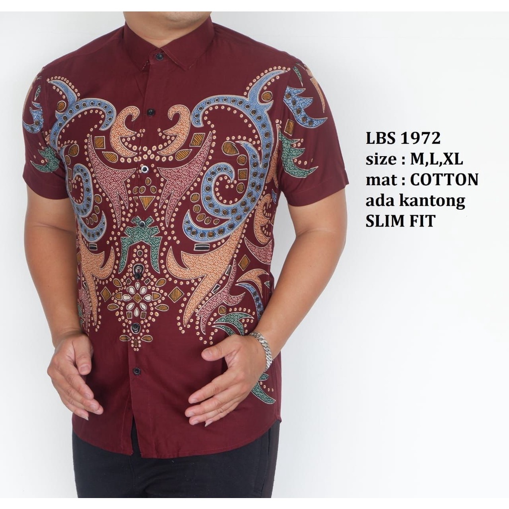 BatikBule Kemeja Batik Slimfit Pendek Motif Casual Warna Hitam &amp; Maroon LBS 1971 &amp; 1972