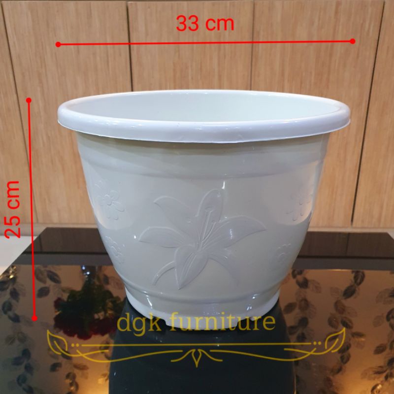 Pot Bunga Bulat Putih Motif Bunga Daun Plastik Nomor No 5 Diameter 33 cm TEBAL