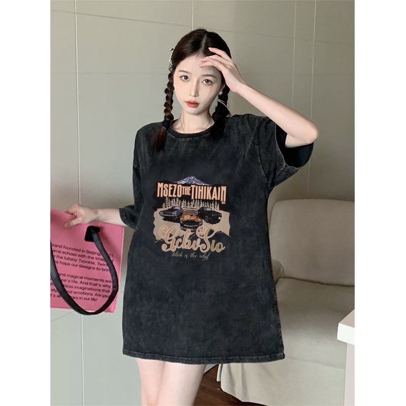 Vintage T-shirt Oversize Hitam Washed Lengan Pendek Car Printing Print T-shirt Hiphop Kaos Hitam