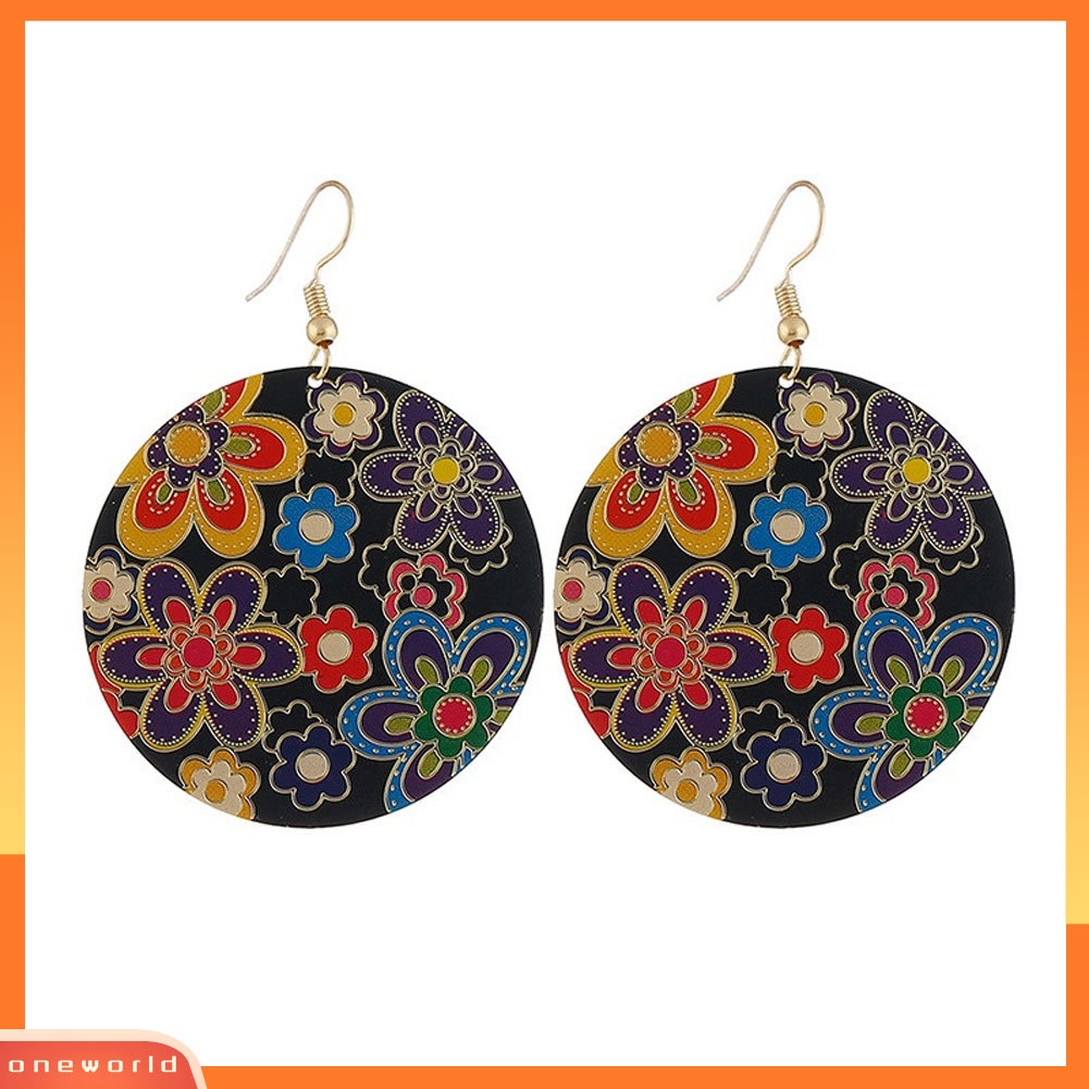 {oneworld} Vintage Wanita Warna-Warni Bunga Cat Bulat Drop Menjuntai Kait Anting Club Perhiasan