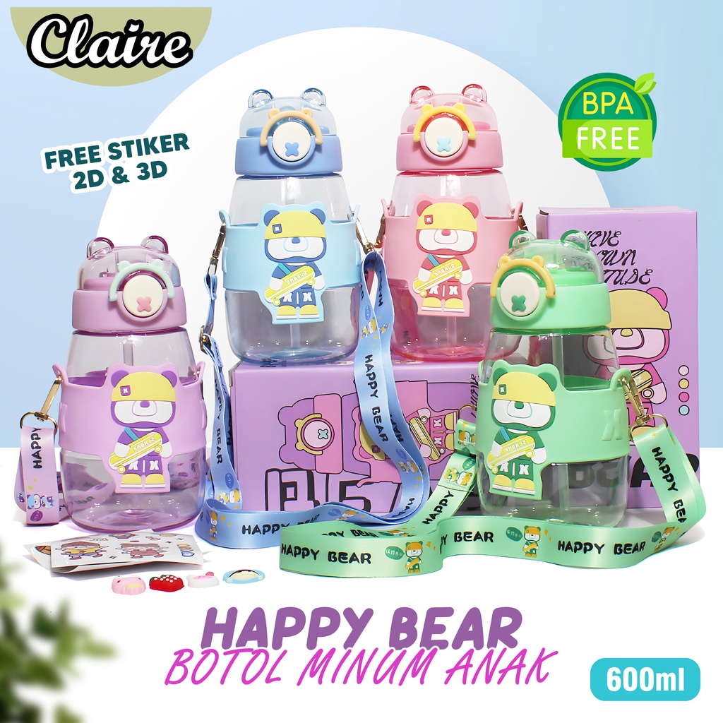 Botol Minum Anak Happy Bear 600ML/ Botol Air Minum Anak Free Sticker 2D &amp; 3D