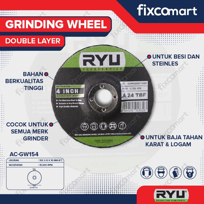 RYU Grinding Wheel 4 Inch Double Layer 100 X 6 X 16 Mm