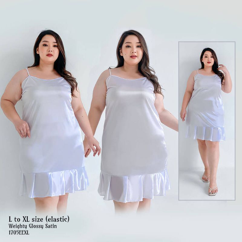 Daster wanita sexy baju tidur satin bigsize big size jumbo renda rumbai putih 1705WDR_XL