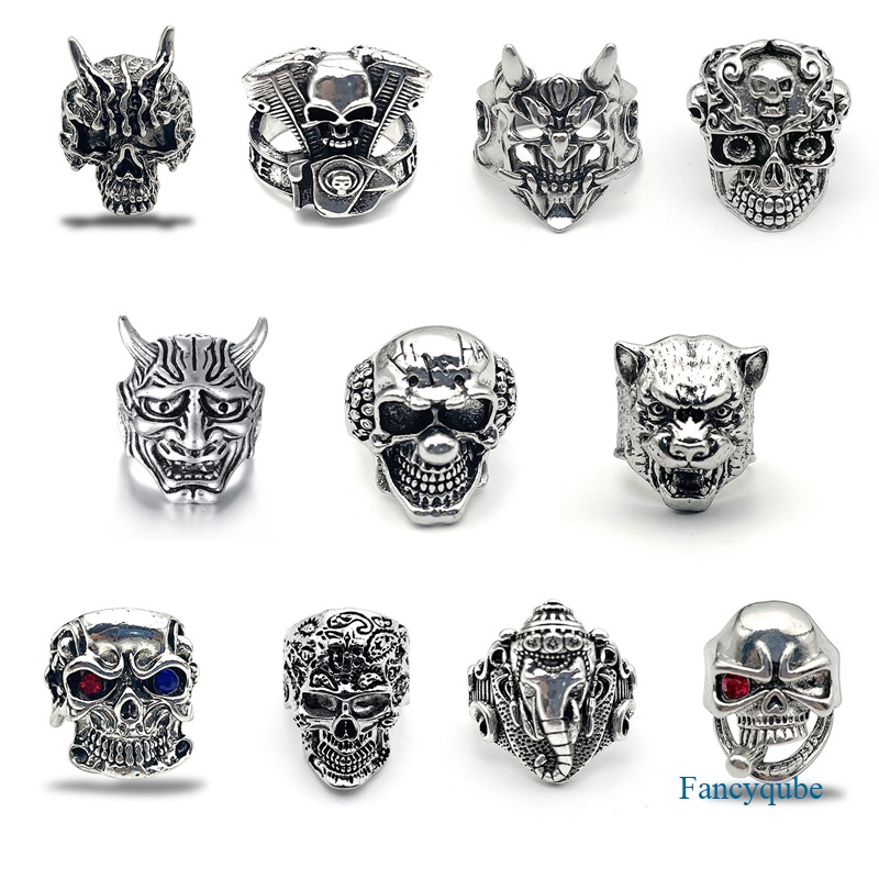 Retro Punk Tengkorak Cincin Untuk Pria Wanita Berlebihan Antik Siver Warna Pembukaan Adjustable Rings Naga Perhiasan Hadiah