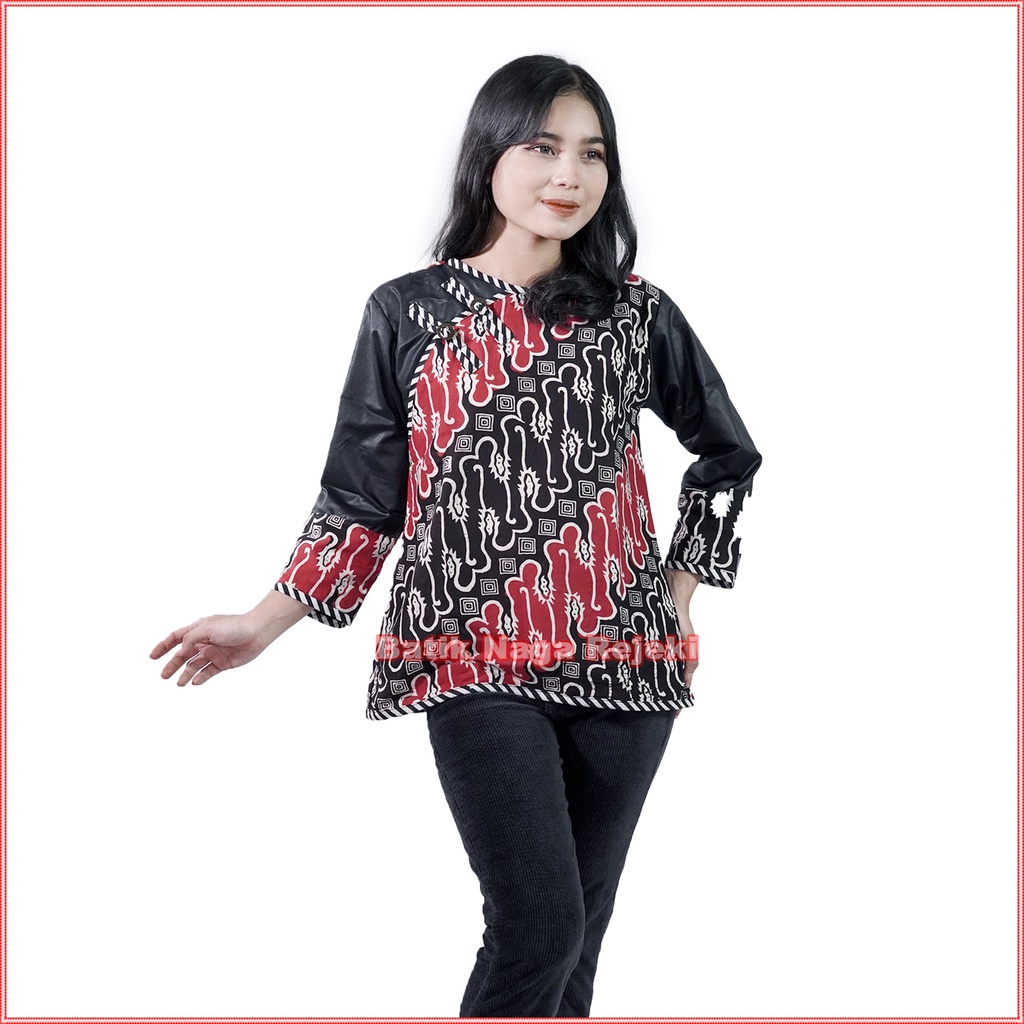 BatikNagaRejeki - Batik Wanita Nonik Modern Lengan 7/8 - Simple - Hitam Merah _ NONIK 7/8