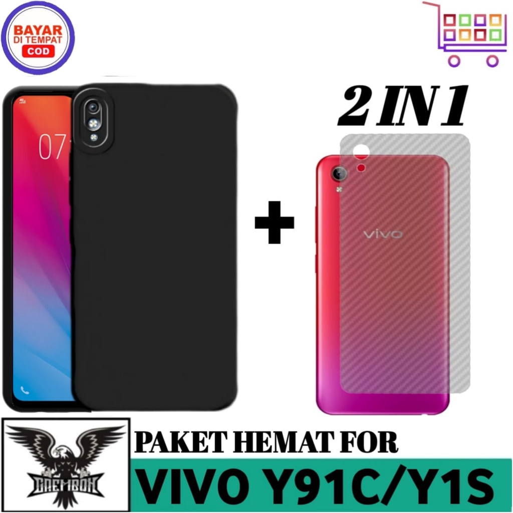 PAKET 2IN1 CASE VIVO Y91C / Y1S SOFT CASE LIQUID PRO CAM FREE GARSKIN CARBON 3D