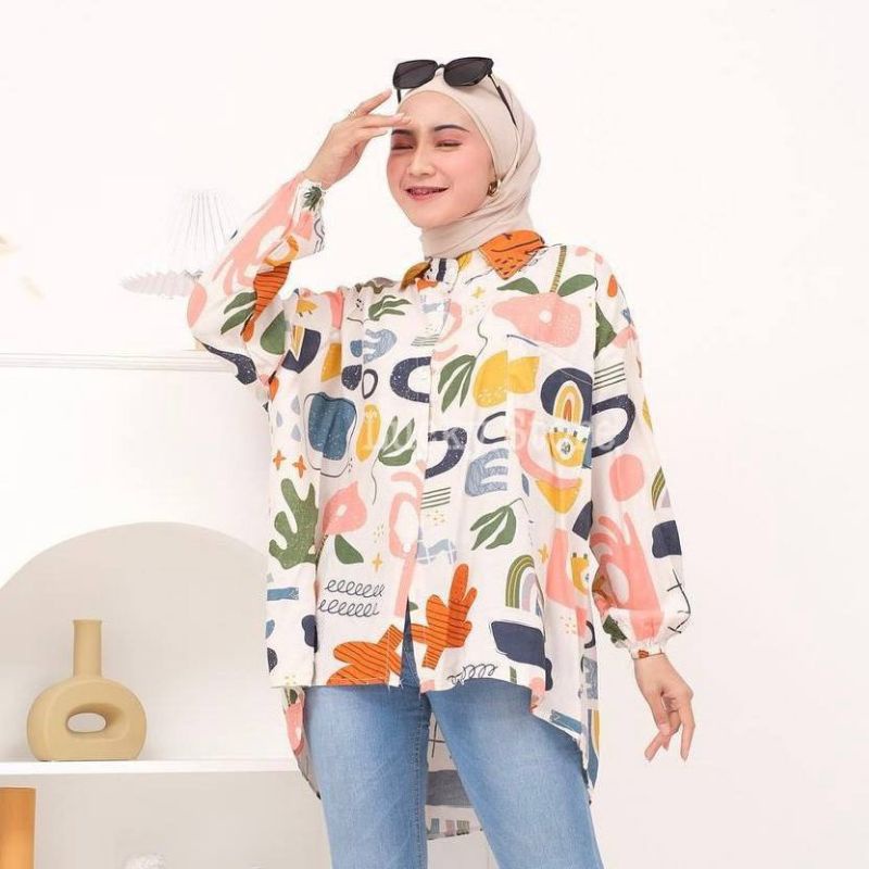 Kemeja Rayon Wanita Oversize Motif Vintage Abstrak Rayon Viscose