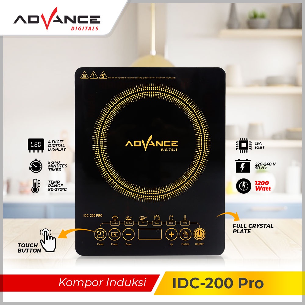 ADVANCE Kompor Induksi Listrik 1200 Watt Touch Screen Auto Shut-Off Tampilan Digital IDC-200 PRO