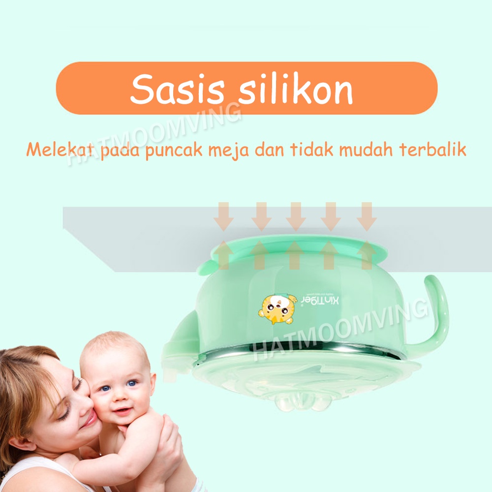 Mangkok terisolasi bayi / Mangkok Bubur / Alat makan bayi / stainless steel dua lapis mangkuk terisolasi bayi dengan pegangan mangkuk makanan pelengkap mangkuk anti jatuh dengan tutup 3 warna