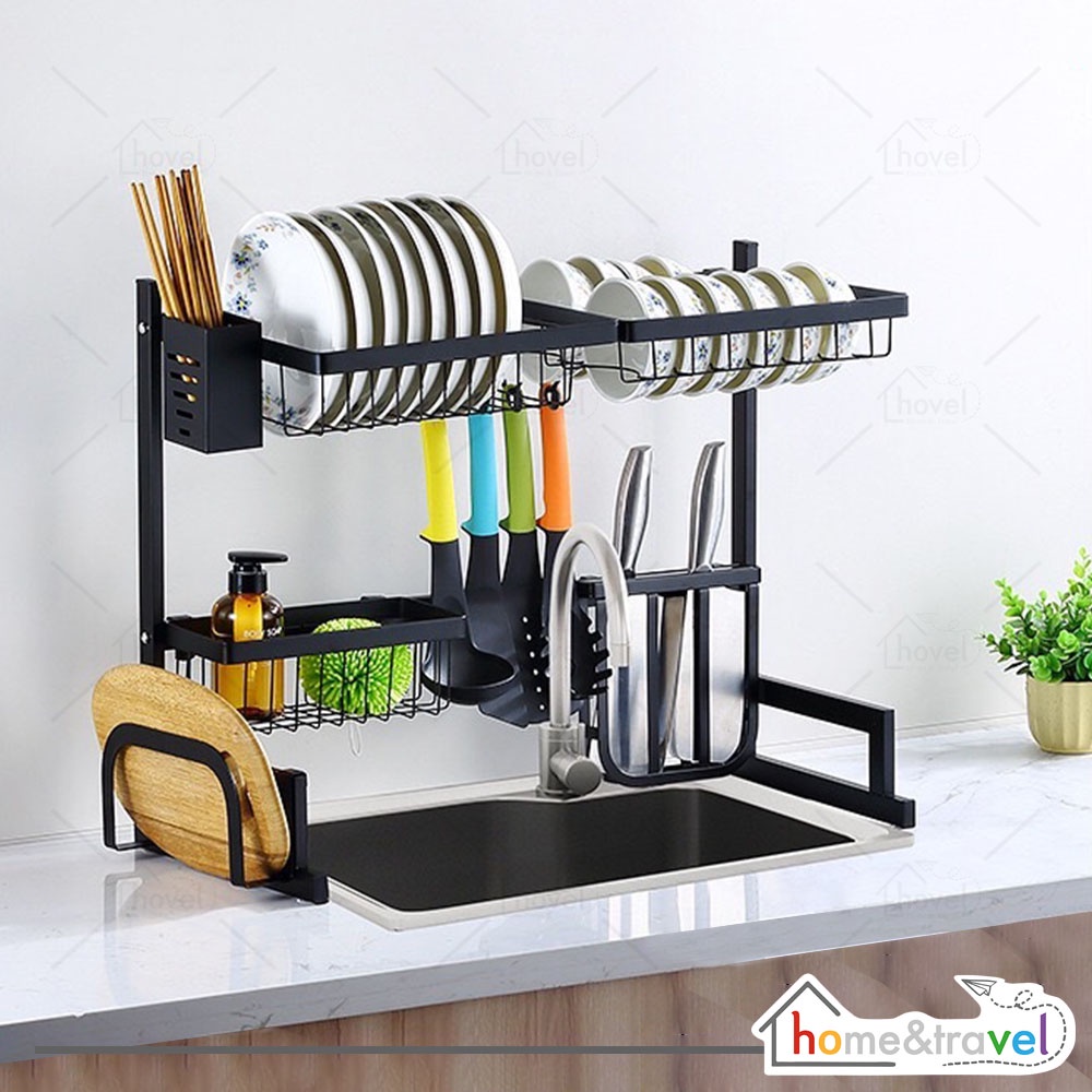 HOVELSHOP Rak Piring Dapur Wastafel Stainless Hitam Anti Karat Kuat 2 Susun 65 cm