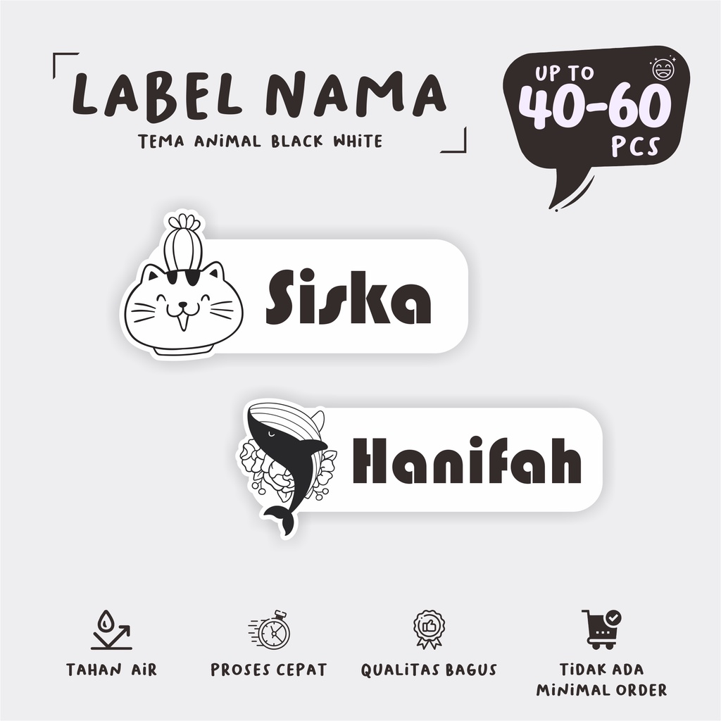 

( 40 - 60 pcs ) cetak stiker nama custom/murah/ ANIMAL BLACK WHITE/label nama