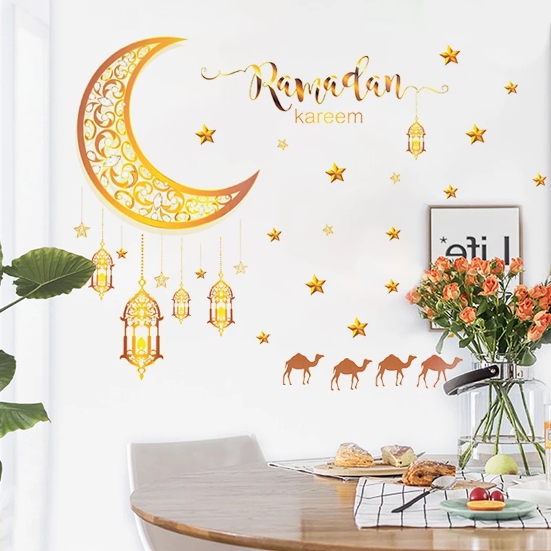 Tahan Debu Dekorasi Seni Indoor Bulan Bintang Lentera Dinding Decal Perekat Diri Diukir Wallpaper Festival Pesta Dekorasi Perlengkapan Ramadhan Lebaran Stiker Dinding